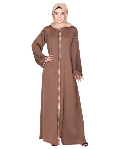 Pleasing front open brown abaya with beautiful checkered embroidery