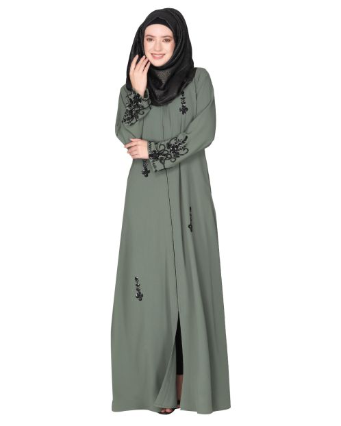 Rich hand embroidered front open dead mint abaya with itricate motif of glittering black beads