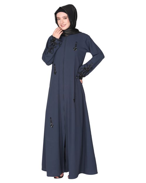 Rich hand embroidered front open dark grey abaya with itricate motif of glittering black beads