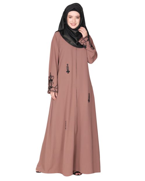 Rich hand embroidered front open brown abaya with itricate motif of glittering black beads
