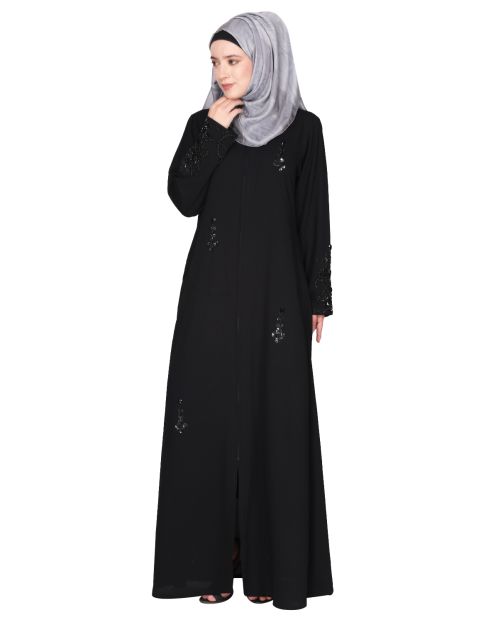 Rich hand embroidered front open black abaya with itricate motif of glittering black beads
