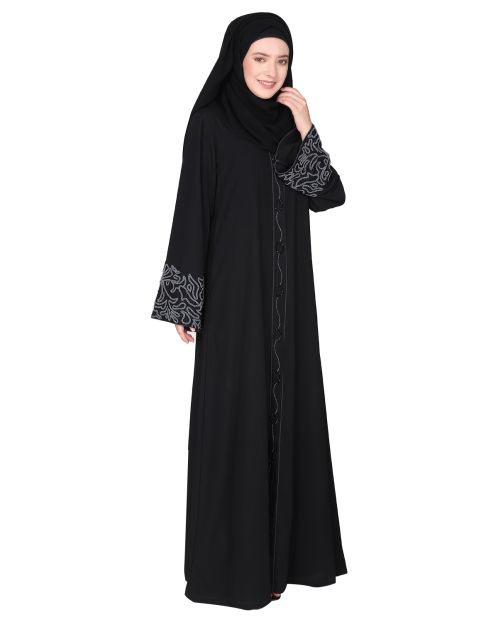 Premium handembroidered front open black abaya with gleaming dual seed beads