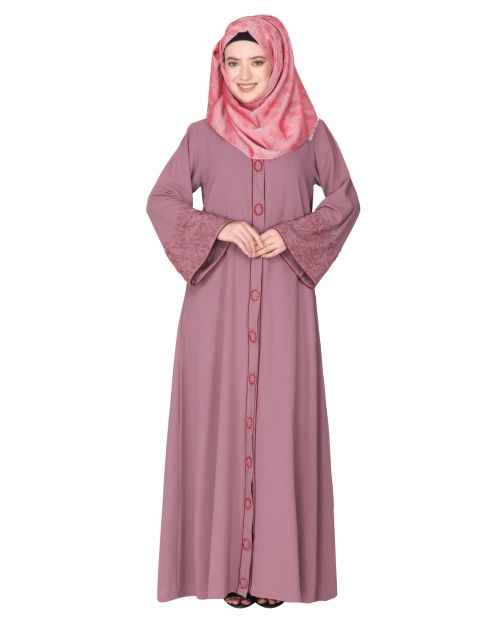 Premium handembroidered front open onion pink abaya with gleaming dual seed beads