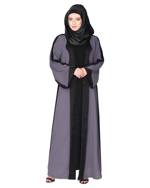 Smart casual shrug style dark grey abaya with distinct reverse sleeves & collar. Comes with Inner