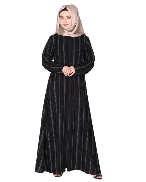 Affluent front open zipped black abaya in fancy Pin striped furr fabric