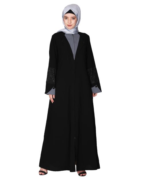 Contemporary jacket type front open black and grey abaya with stylish laced sleeves