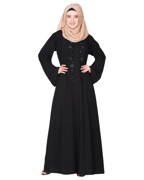 Scintillating jet black beaded embroidered front open black  abaya