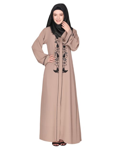 Scintillating jet black beaded embroidered front open beige abaya