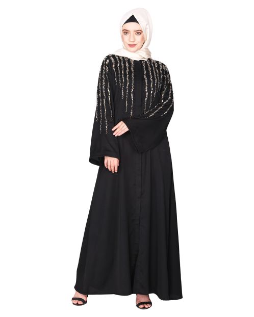 Luxurious front open black abaya with dazzling stones in a flowing pattern