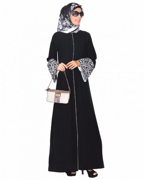 Black Abaya With Thread Embroidered Bell Sleeve