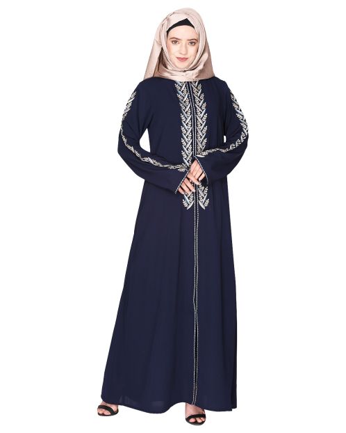 Exclusive blue abaya with turquoise and Gold Leaf Embroidery