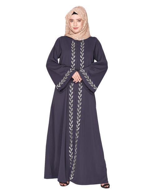 Extraordinary Pearl Drop leaves dark grey abaya