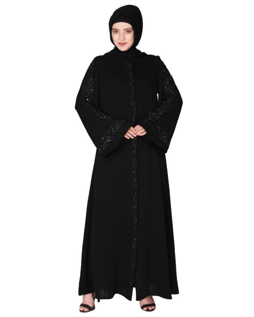 Gleaming Black Beaded Handwork Abaya