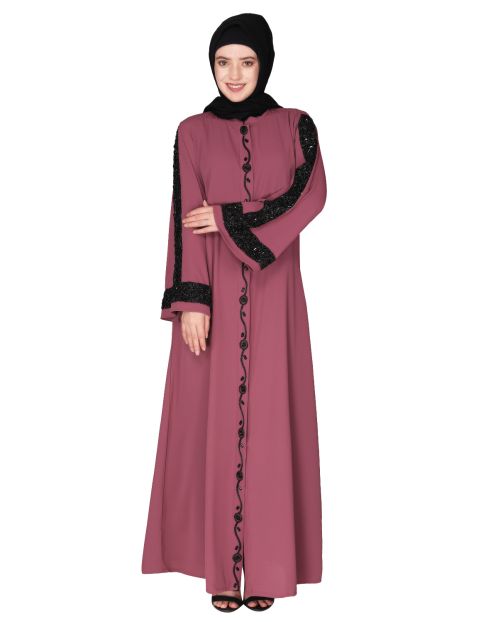 Gleaming Black Beaded Handwork onion pink abaya