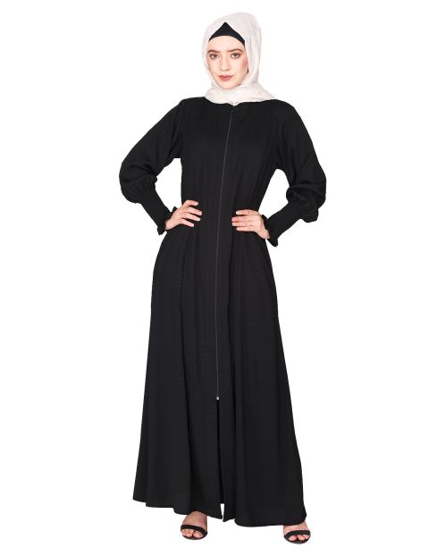 Black Seersucker Nida Abaya with Elastic Sleeves